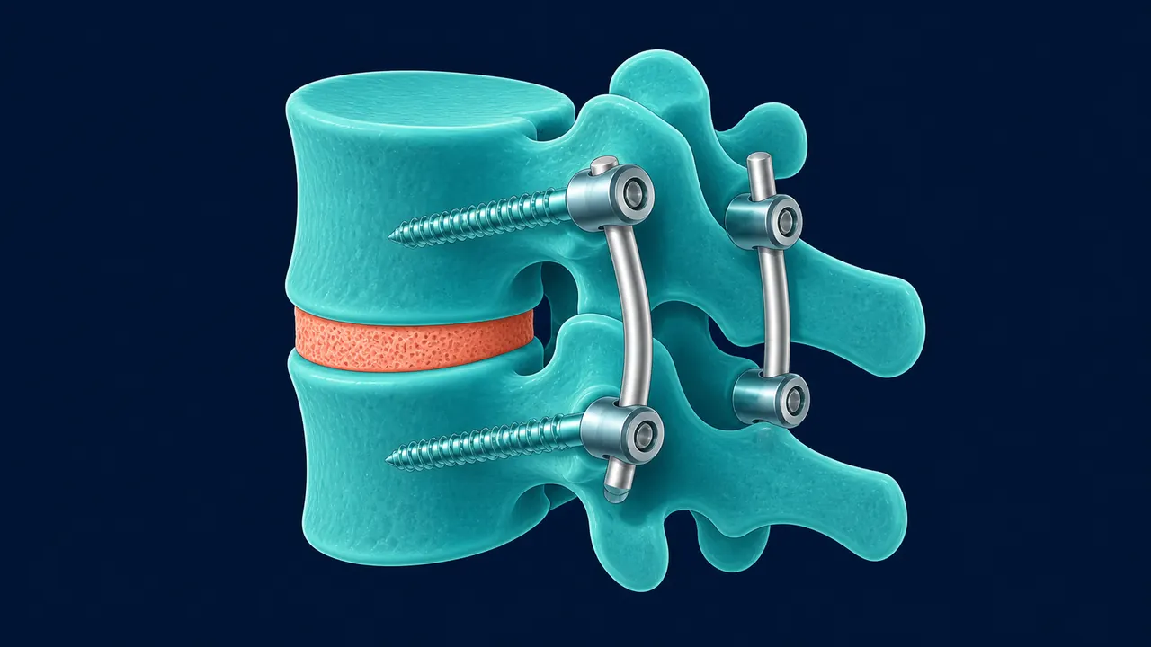 Diagrama de artrodesis lumbar con tornillos de fijación colocados en las vértebras — Dr. Carlos Mendoza, Querétaro