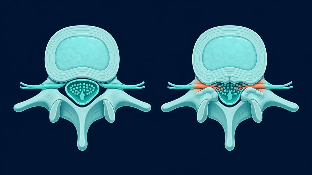 Diagrama del canal lumbar estrecho que comprime los nervios en la estenosis — Dr. Carlos Mendoza, Querétaro