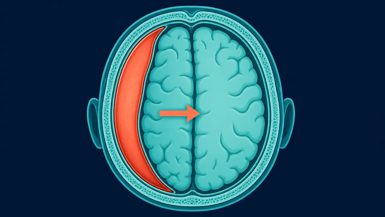 Diagrama de hematoma subdural en forma de media luna que comprime el cerebro — Dr. Carlos Mendoza, Querétaro