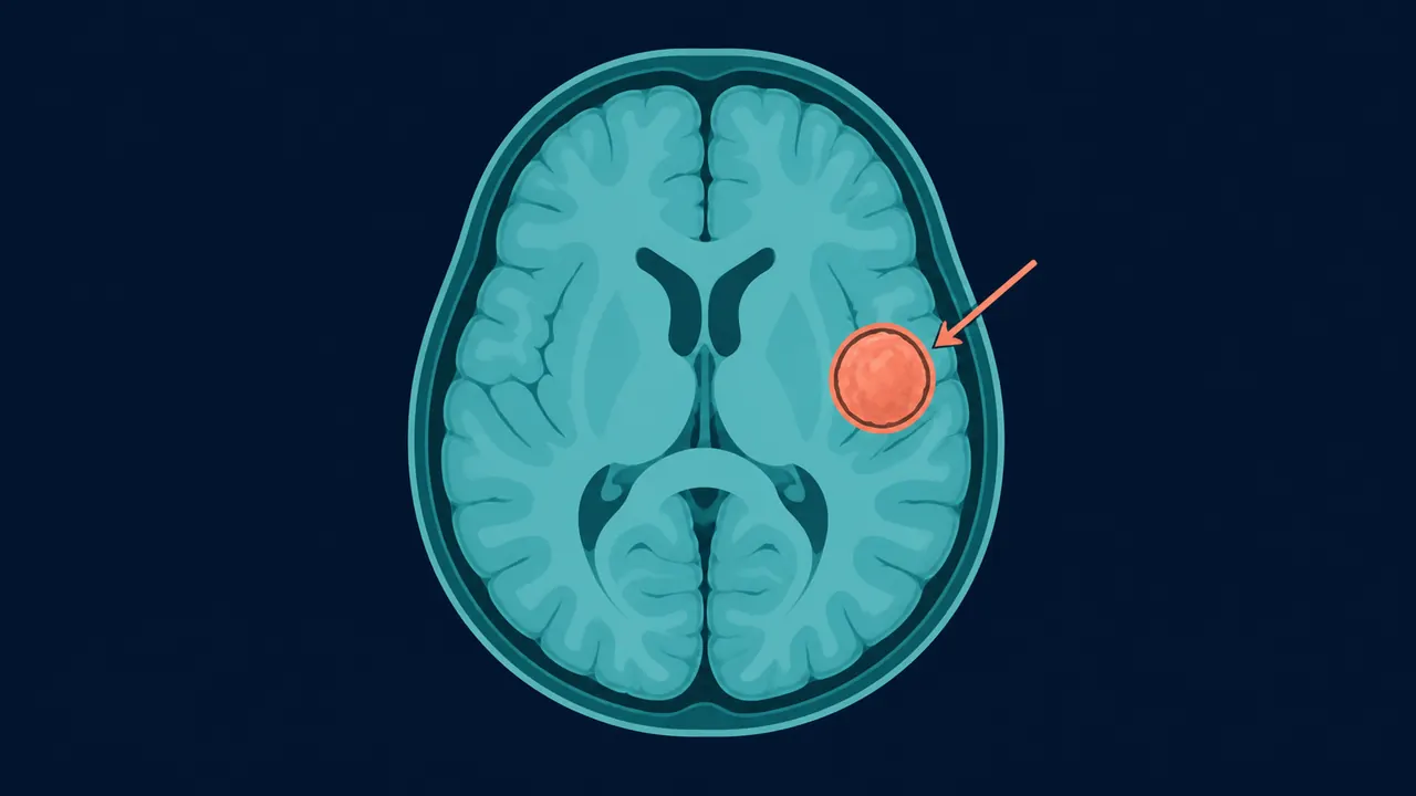 Diagrama de tumor cerebral señalado en un corte del cerebro — Dr. Carlos Mendoza, neurocirujano en Querétaro